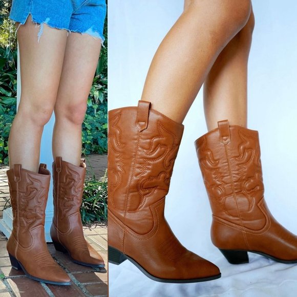 Road Wolf Boots 7 M Women Western Cowboy Outland Leather Rodeo Daisy Duke Cognac - Picture 1 of 16